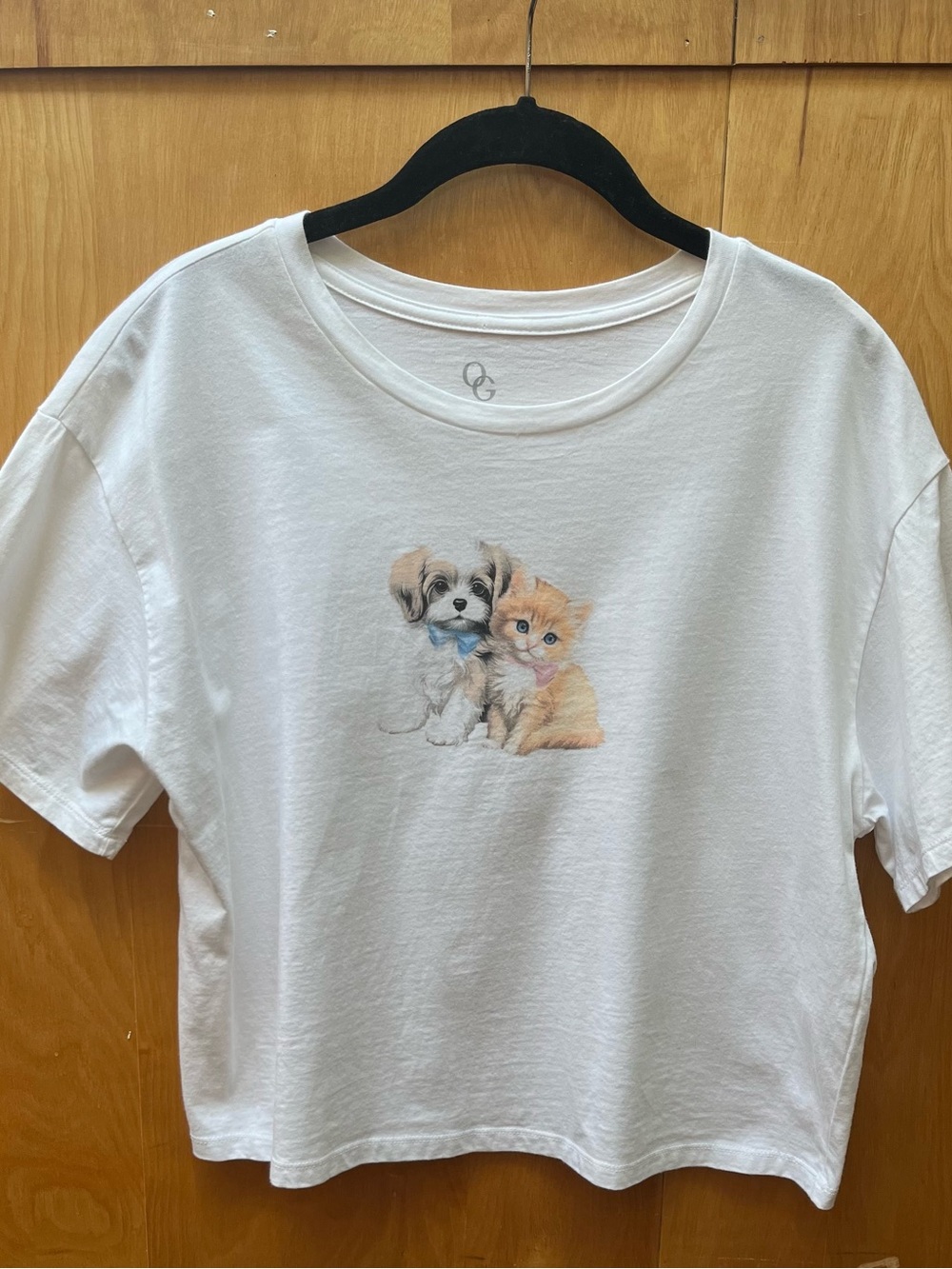Organic Generation 100% Cotton Boxy Crop Tee with Puppy & Kitten - Large